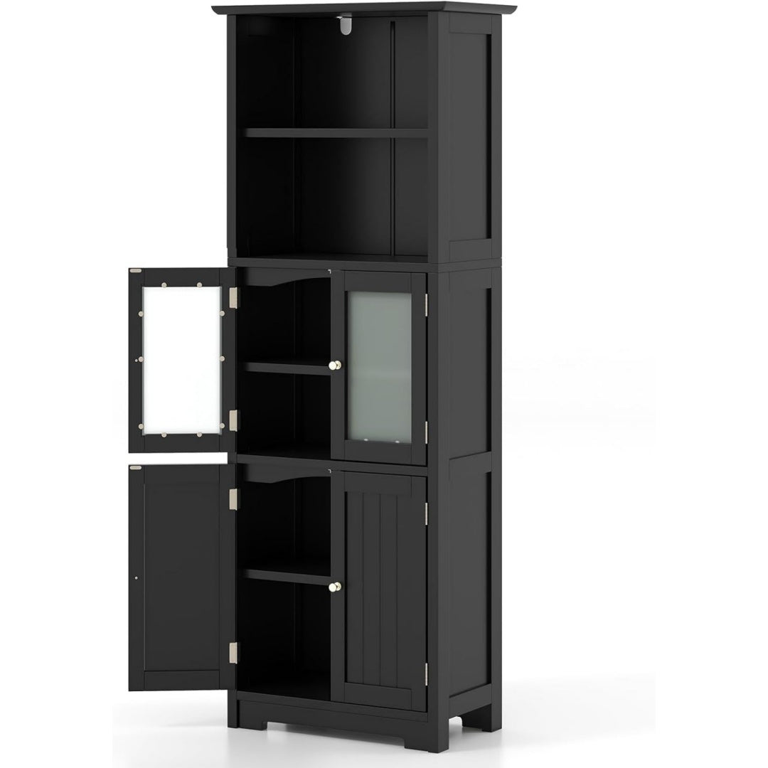 Meuble sur pied en verre trempe, gris fonce, capacite de rangement importante