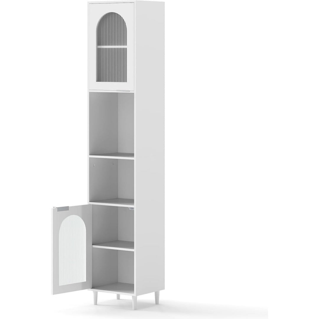 Bahut gris clair a 2 portes 2 etageres, verre et 35 cm