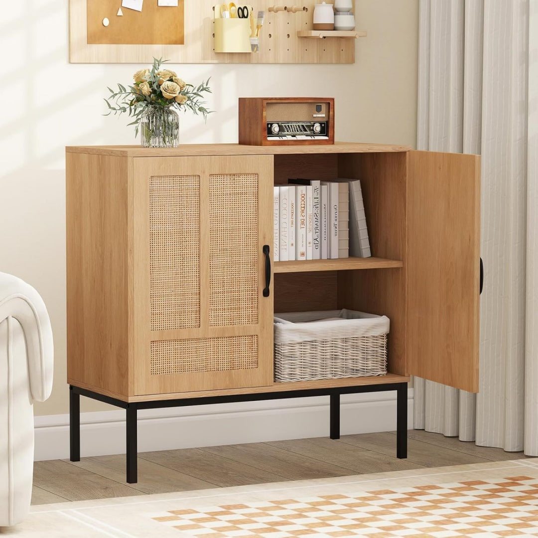 Buffet beige etageres reglables a 2 portes bois ingenierie