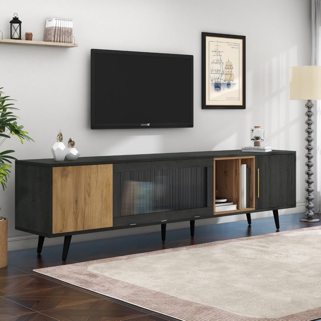 Meuble tele gris 200 cm, a 3 portes design moderne en verre