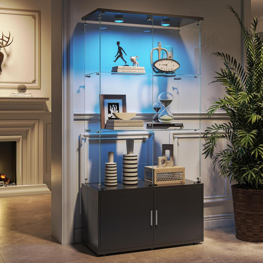 Vitrine bordeaux, verre trempe, 78.5 x 35 x 164 cm, rangement intelligent