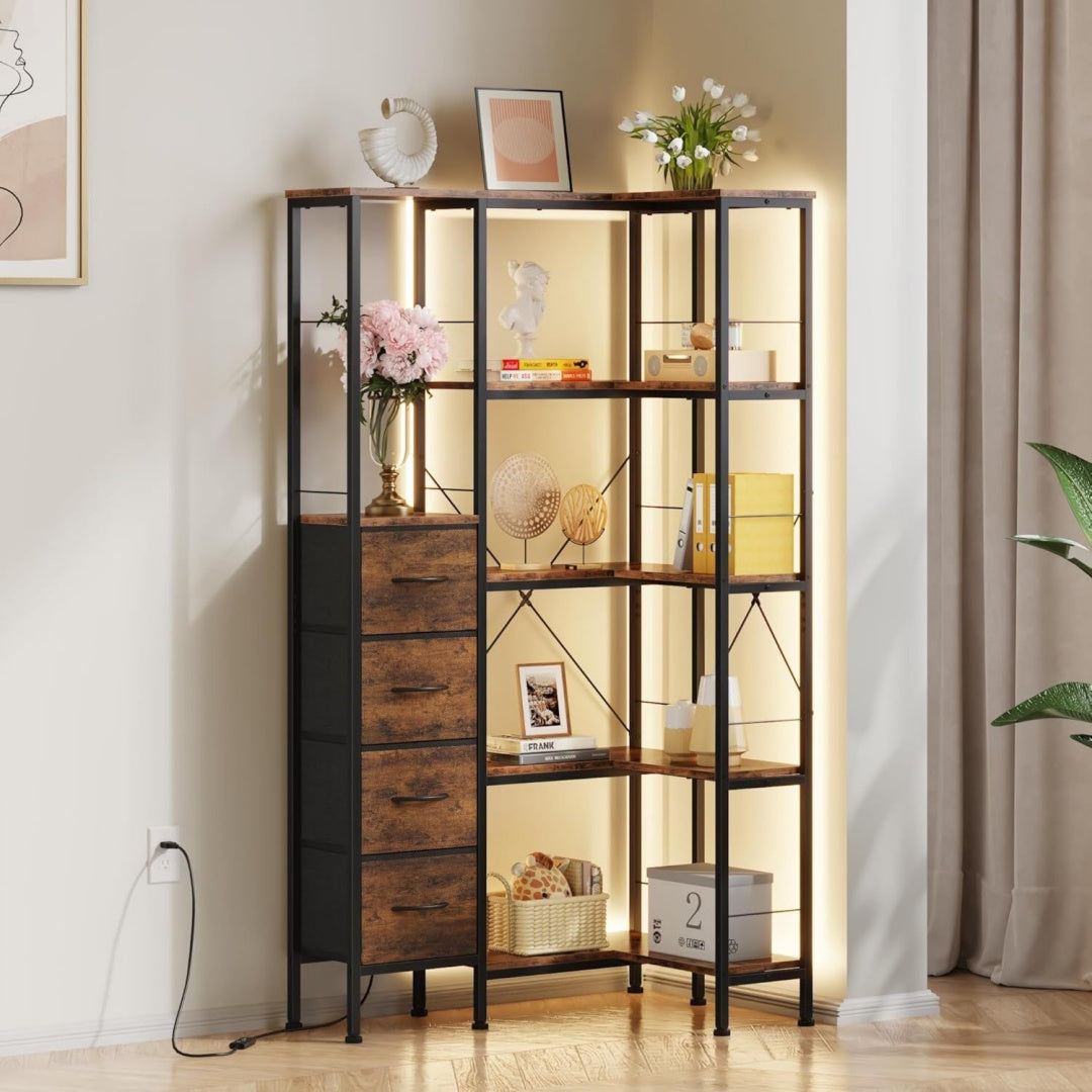Bibliotheque etagere finition rustique gris 5 etageres, tissu durable