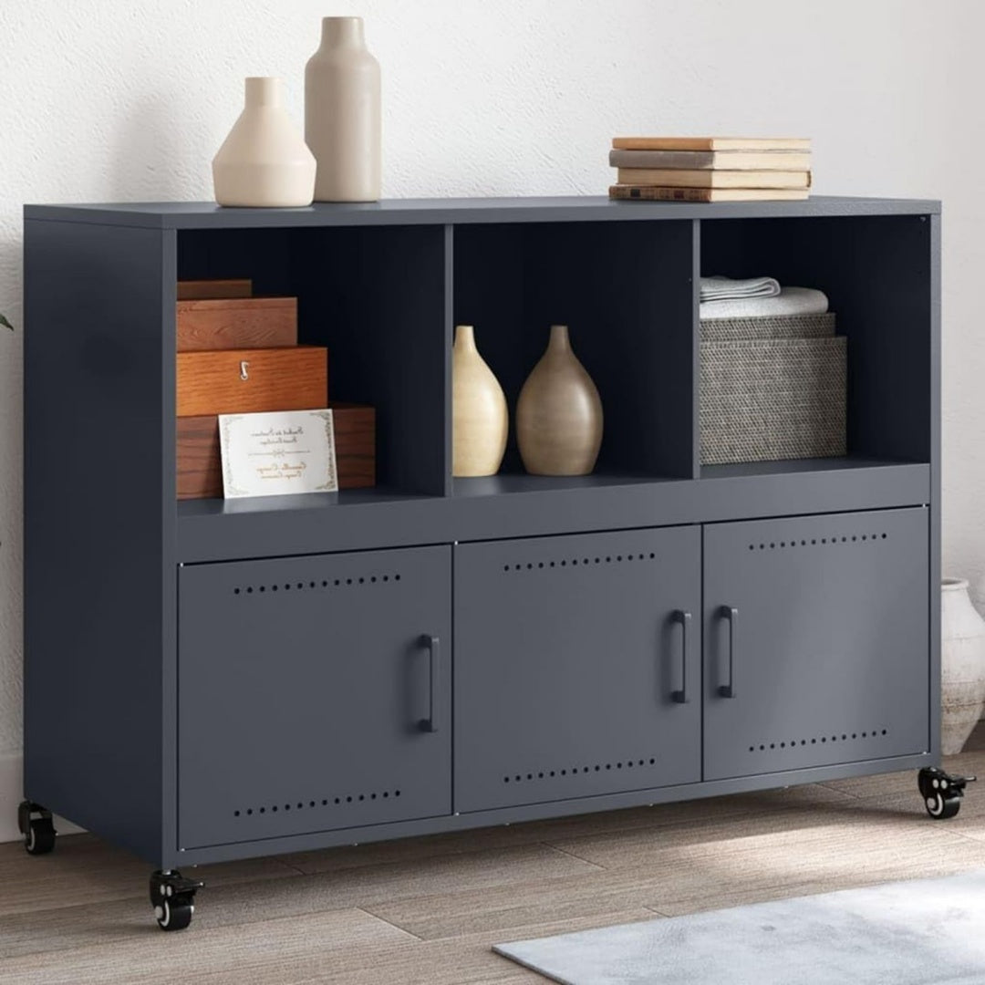 Buffet structure en acier 3 portes gris fonce a portes vitrees